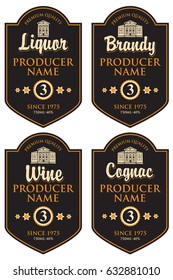 set of retro labels for various alcoholic beverages in the frame with old building in retro style