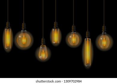 Set of retro lamps of Edisson. No blend. No mesh. Vector illustration.