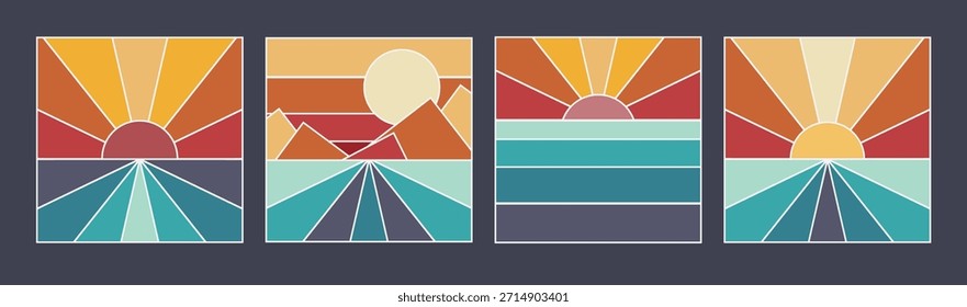 Un conjunto de paisajes retro que consta de puestas de sol, amaneceres, montañas, carreteras y el mar, dibujados en un estilo minimalista.