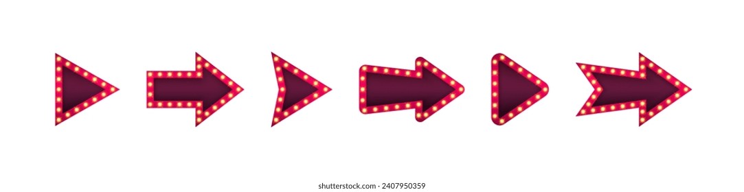 Set of retro lightbox in arrow shape. Arrow design for pointer, direction, orientation and navigation. Vector illustration.
