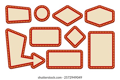 Set of retro lightbox template different shape with lightbulb for party poster, banner advertising, promotion and sale billboard, cinema, bar show or restaurant. Vector illustration