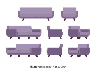 Sofá y sillón de estilo retro, aislados de fondo blanco. Dibujo de tipo plano vectorial de caricatura