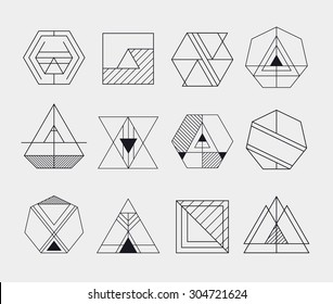 Set of retro line abstract hipster monochrome geometric badge logo, icon, logotype design templates 