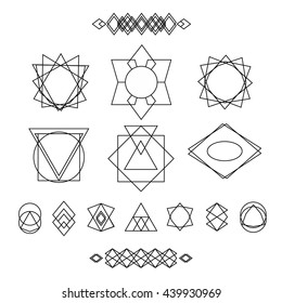 Set of retro line abstract hipster monochrome geometric badge logo stock, vector. Set of Minimal Monochrome Geometric Logotypes. Art fancy geometrical elements, black line design.