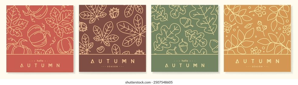 Set of retro line art autumn covers or cards with autumn floral desoration. Vector illustration