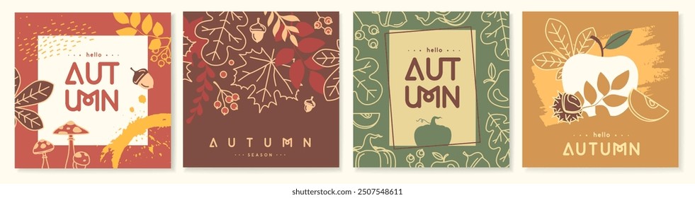 Conjunto de portadas o tarjetas de otoño de arte de línea retro con atributos florales de otoño. Ilustración vectorial