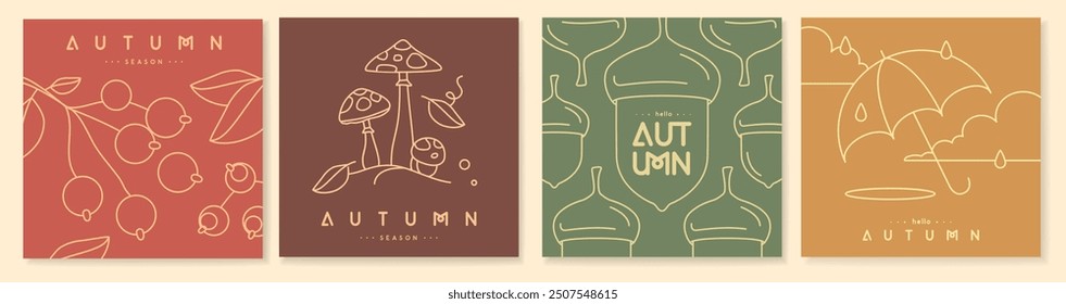 Set of retro line art autumn covers or cards with autumn floral desoration. Vector illustration