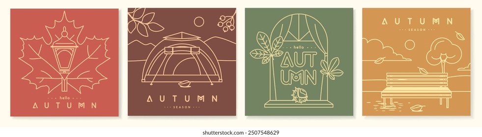 Set of retro line art autumn covers or cards with autumn attributes. Vector illustration