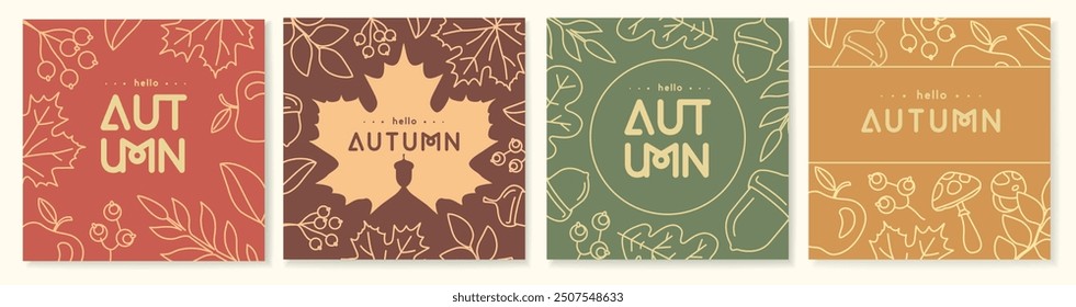 Conjunto de portadas o tarjetas de otoño de arte de línea retro con decoraciones florales de otoño. Ilustración vectorial