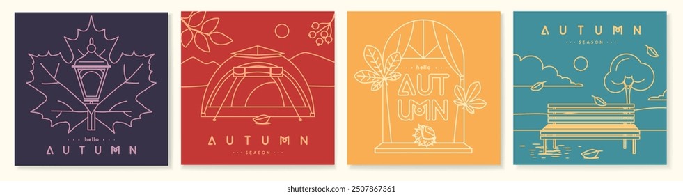 Set of retro line art autumn covers or cards with autumn attributes. Vector illustration