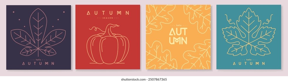 Set of retro line art autumn covers or cards with autumn floral desoration. Vector illustration