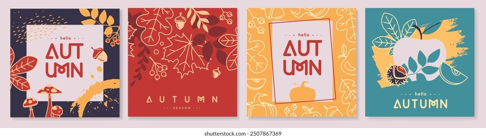 Conjunto de portadas o tarjetas de otoño de arte de línea retro con atributos florales de otoño. Ilustración vectorial