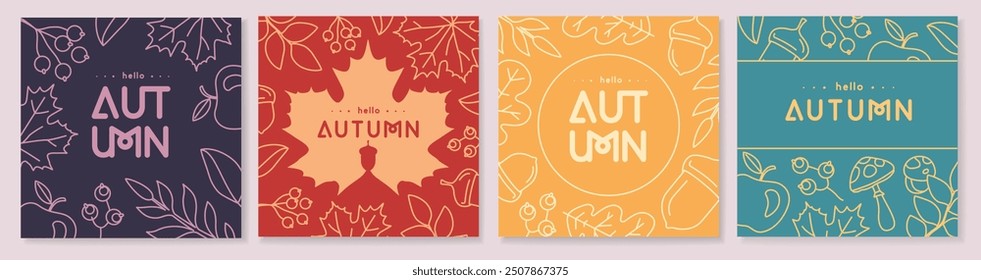 Set of retro line art autumn covers or cards with autumn floral decorations. Vector illustration