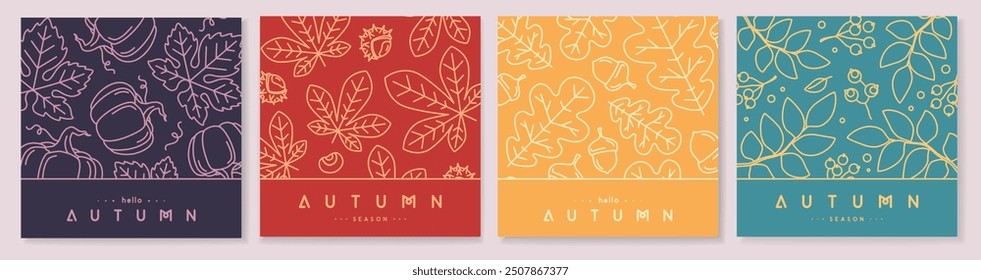 Conjunto de portadas o tarjetas de otoño de arte de línea retro con decoración floral de otoño. Ilustración vectorial