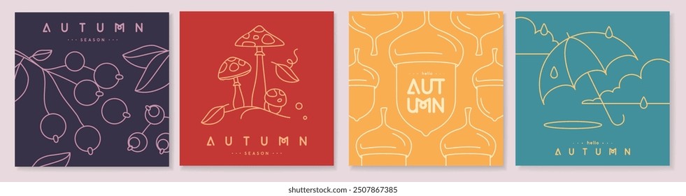 Set of retro line art autumn covers or cards with autumn floral desoration. Vector illustration