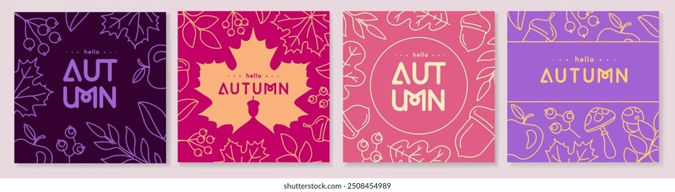 Set of retro line art autumn covers or cards with autumn floral decorations. Vector illustration