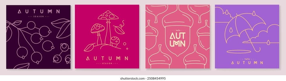 Set of retro line art autumn covers or cards with autumn floral desoration. Vector illustration