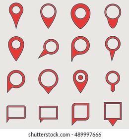 Set of retro line style red map location pins and bubbles.
