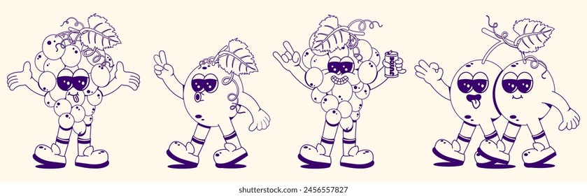 Set of retro linear grape characters. A modern illustration featuring cute grape mascots in different poses and emotions, creating a 70's comic book vibe.