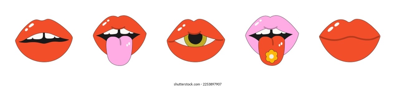 Conjunto de labios retro. Colección de diferentes labios en un estilo hippie. Una boca con una flor, una boca con lengua pegada. Ilustración del vector aislada en un fondo blanco