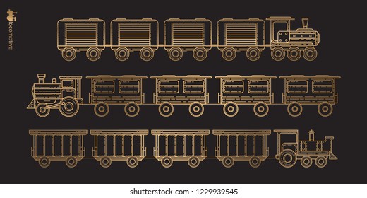 Set of retro locomotives, vector.Passenger train on a black background