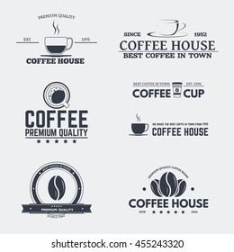Set of retro logo and emblems, badges and insignias, labels and signs for cafe or coffee house with beans, coffee paper cups.