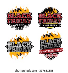 Set von Retro-Logos, Abzeichen, Buttons, Symbole, Preismarken zum Verkauf am Black Friday. Die Dekoration des Feuers. Vektorgrafik.