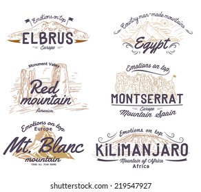 Set of retro logos with views of mountains, labels and icons.