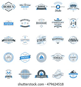 Set of retro logotype templates. Collection of 25 items. Typographic badges. Icon symbols. Labels. Black and Blue colors