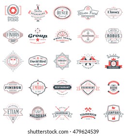 Set of retro logotype templates. Collection of 25 items. Typographic badges. Icon symbols. Labels. Black and Red colors