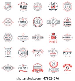 Set of retro logotype templates. Collection of 25 items. Typographic badges. Icon symbols. Labels. Black and Red colors