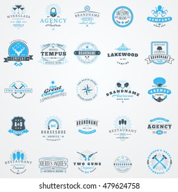 Set of retro logotype templates. Collection of 25 items. Typographic badges. Icon symbols. Labels. Black and Blue colors