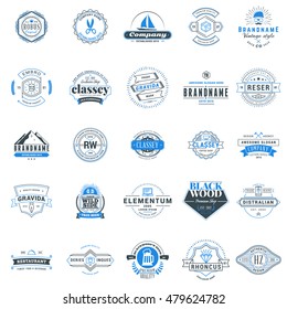 Set of retro logotype templates. Collection of 25 items. Typographic badges. Icon symbols. Labels. Black and Blue colors