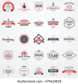 Set of retro logotype templates. Collection of 25 items. Typographic badges. Icon symbols. Labels. Black and Red colors