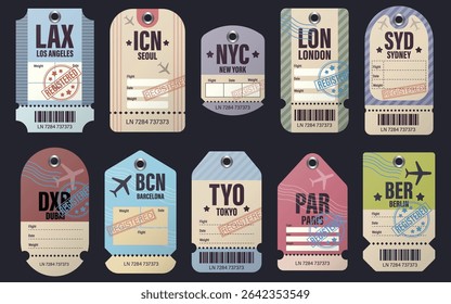 Conjunto de etiquetas de bagagem retro com códigos de aeroporto internacional. Ilustração vetorial de etiquetas de bagagem estilo vintage com códigos de aeroporto globais, detalhes do voo e selos coloridos de viagem.