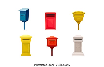 Set of retro mailboxes. Boxes for receiving and sending letters and paper correspondence cartoon vector illustration