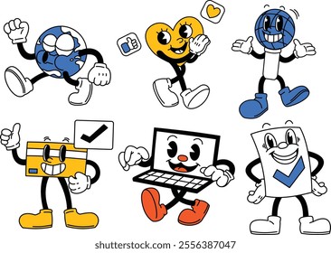 A set of retro mascot characters representing digital marketing concepts, tools, and analytics in a fun and dynamic style.