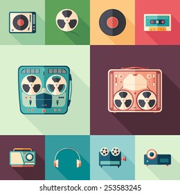 Set of retro media flat square icons with long shadows.