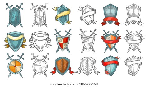 Juego de bocetos retro o medieval. Signos defensivos con cinta y espadas. Diseño del emblema de defensa dibujado a mano. Logo heráldico. Seguridad y realización, privacidad y garantía, protección, heralgia