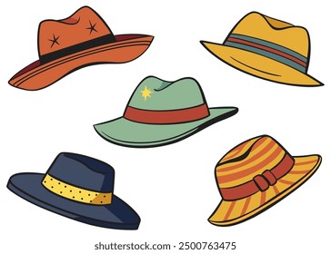 Set of retro men's hat. Old fashioned male headdress. Cartoon style vector illustration.