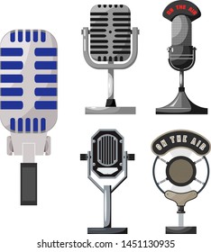 Set of retro microphones on white background. Vintage microphones. Devices for radio broadcasting. Vector illustration of an old radio technology