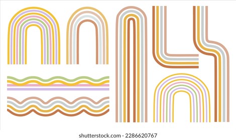 Set of Retro minimalist groovy rainbow. Funky illustration in vintage hippy style.