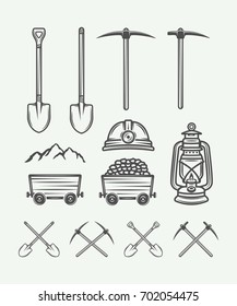 Set of retro mining or construction design elements in vintage style. Monochrome Graphic Art. Vector Illustration.

