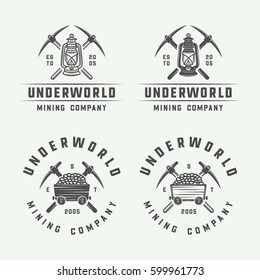 Set of retro mining or construction logo badges and labels in vintage style. Monochrome Graphic Art. Vector Illustration.

