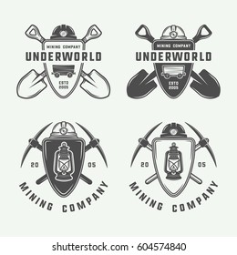 Set of retro mining or construction logo badges and labels in vintage style. Monochrome Graphic Art. Vector Illustration.

