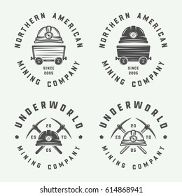 Set of retro mining or construction logo badges and labels in vintage style. Monochrome Graphic Art. Vector Illustration.

