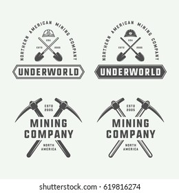 Set of retro mining or construction logo badges and labels in vintage style. Monochrome Graphic Art. Vector Illustration.

