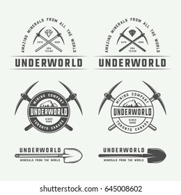 Set Of Retro Mining Or Construction Logo Badges And Labels In Vintage Style. Monochrome Graphic Art. Vector Illustration.

