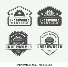 Set of retro mining or construction logo badges and labels in vintage style. Monochrome Graphic Art. Vector Illustration.

