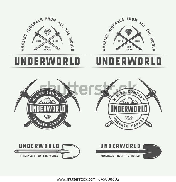 Set of retro mining or construction
logo badges and labels in vintage style. Monochrome Graphic Art.
Vector Illustration.

